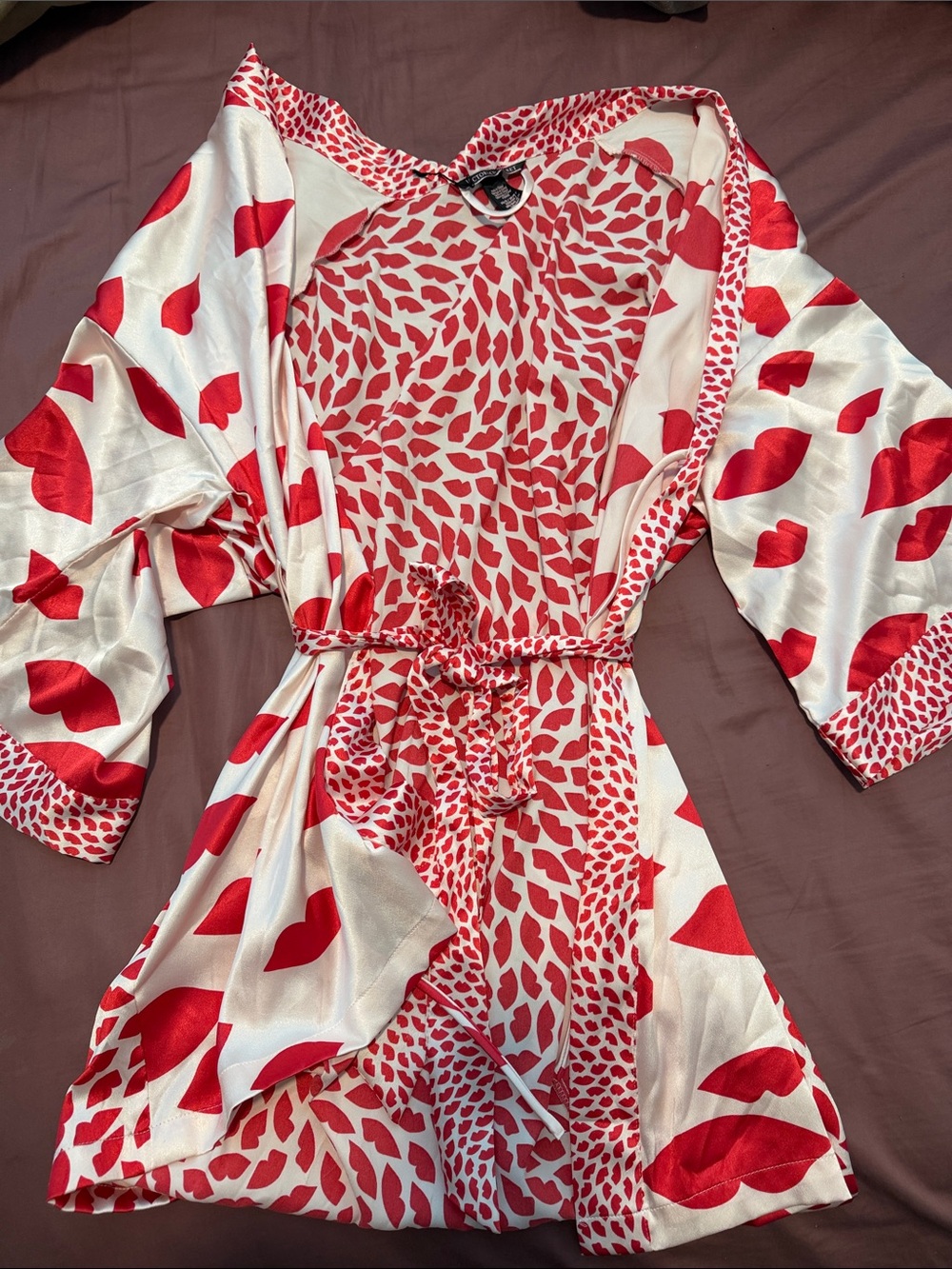 Victoria's Secret Red and White Satin Robe with Lip Print